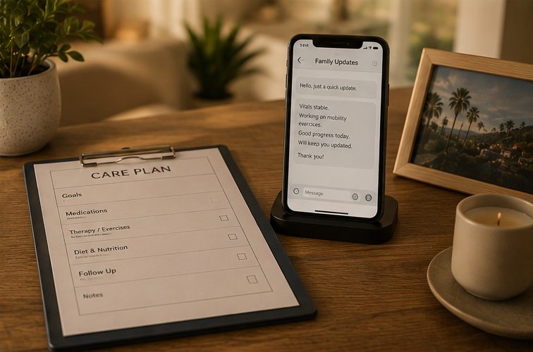 Care plan on a clipboard beside a phone showing a family update message