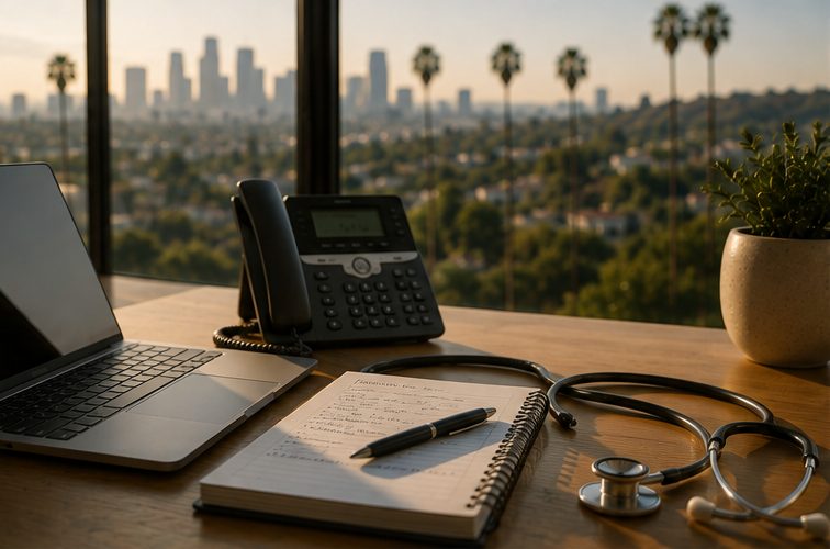 Desk with laptop, phone, notes and stethoscope overlooking Los Angeles