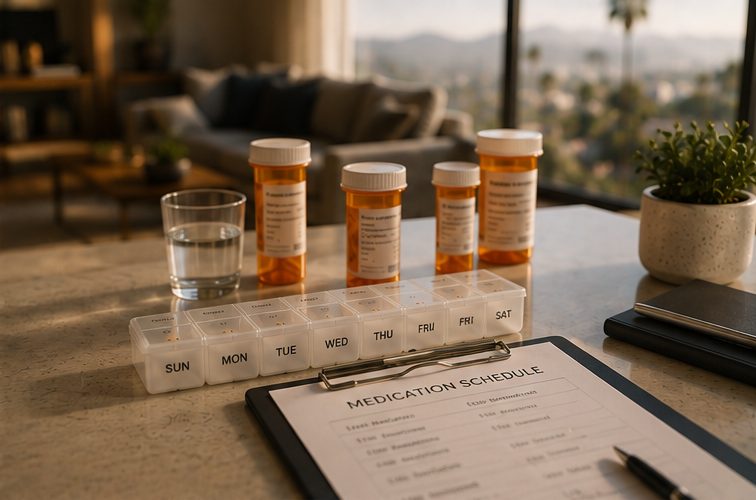 Weekly pill organizer, prescription bottles and a medication schedule