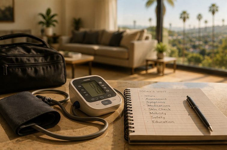 Blood pressure monitor and a visit checklist in a living room