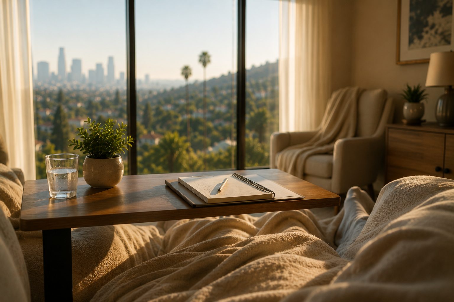 A recovery chair and bedside table with a notebook, water and a Los Angeles view
